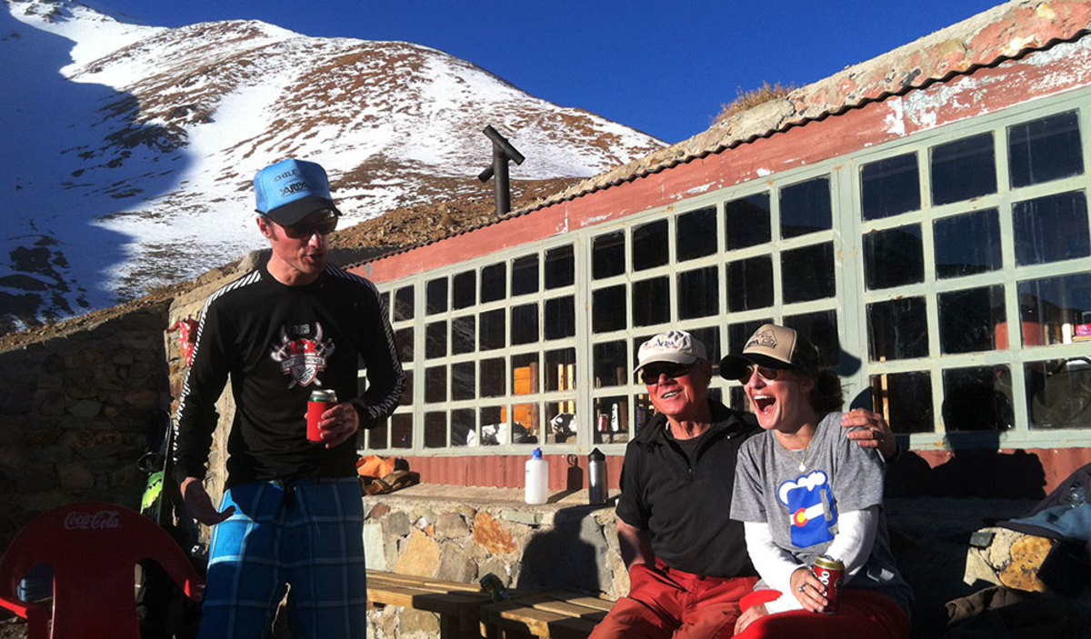 Anton Sponar (left), with his dad Toni and Paula, getting the apres started. PHOTO: Julie Brown