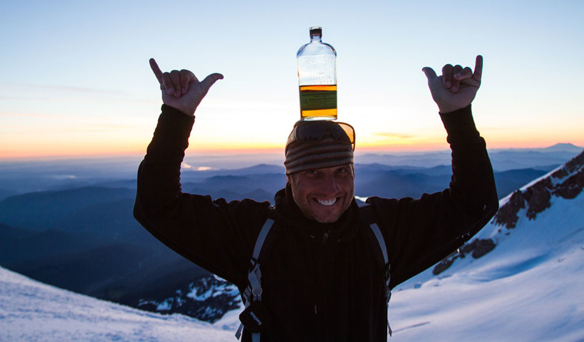 Photographer Richard Hallman skied all the way to the bottom with this bottle balancing on his head. PHOTO: Courtesy of Ethan Stone