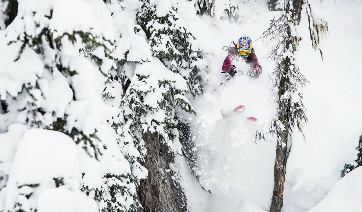 Michelle Parker poppin' through the trees in B.C. PHOTO: Blake Jorgenson/Red Bull Content Pool