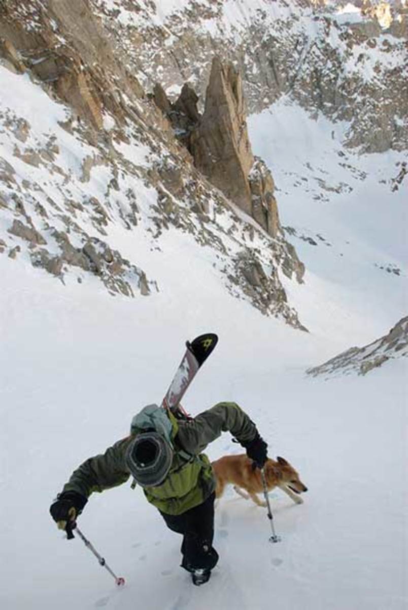 Toby Schwindt climb Ski Dreams, the snow-filled couloir lookers left of Matterhorn Peak in Bridgeport. PHOTO: Courtesy of Nate Greenberg