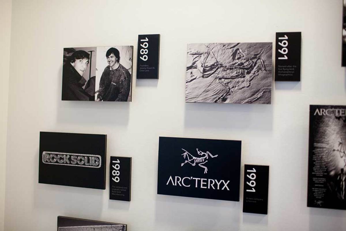 The wall of history inside Arc'Teryx. PHOTO: Jakob Schiller