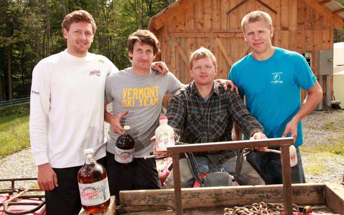 Skiers and syrup makers, the Slopeside cousins, from the left: Tim Kelley, Jim Cochran, Roger Brown, Doug Brown. PHOTO: Slopeside Syrup