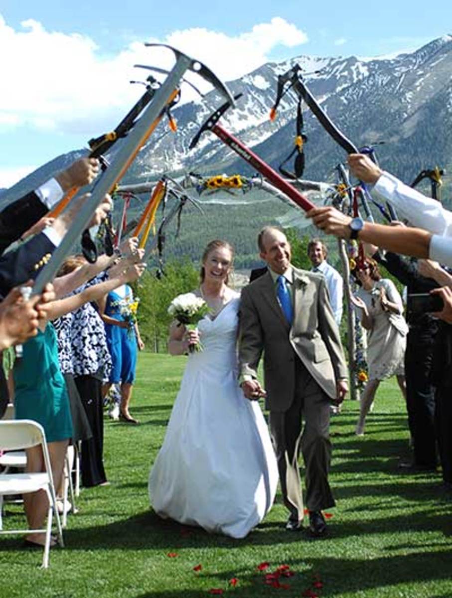 At their wedding, the Konsellas skipped the birdseed for ice axes. PHOTO: 14er Skiers