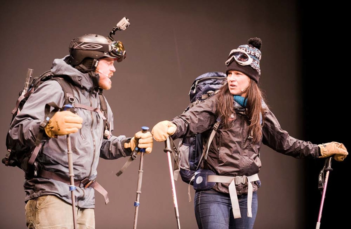 Kase Paul and Kjera Strom-Henrie try and figure out where "The Coach" is on the summit of Mount Glory during the I 2 Can Ski Forever performance Friday at Jackson's Center for the Arts. Photo: Bradly J. Boner