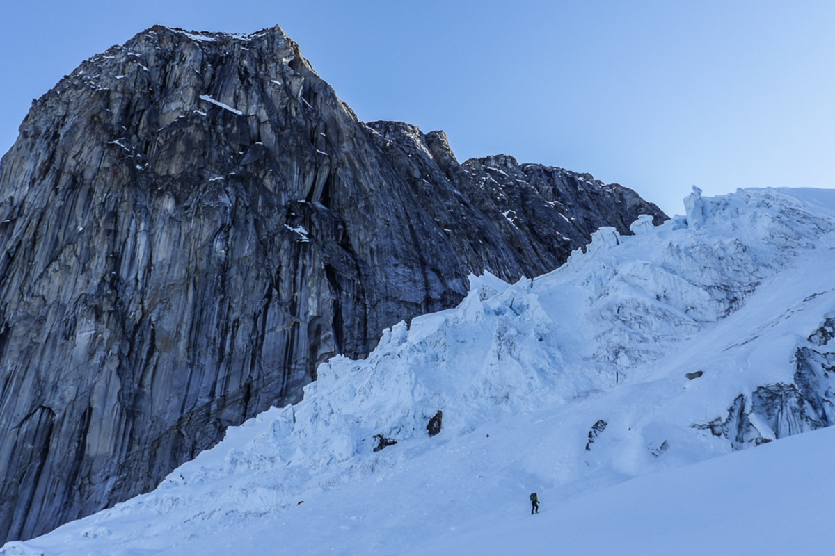 Ben Peters skins his way toward the summit of the Moose's Tooth. Photo courtesy of Noah Howell