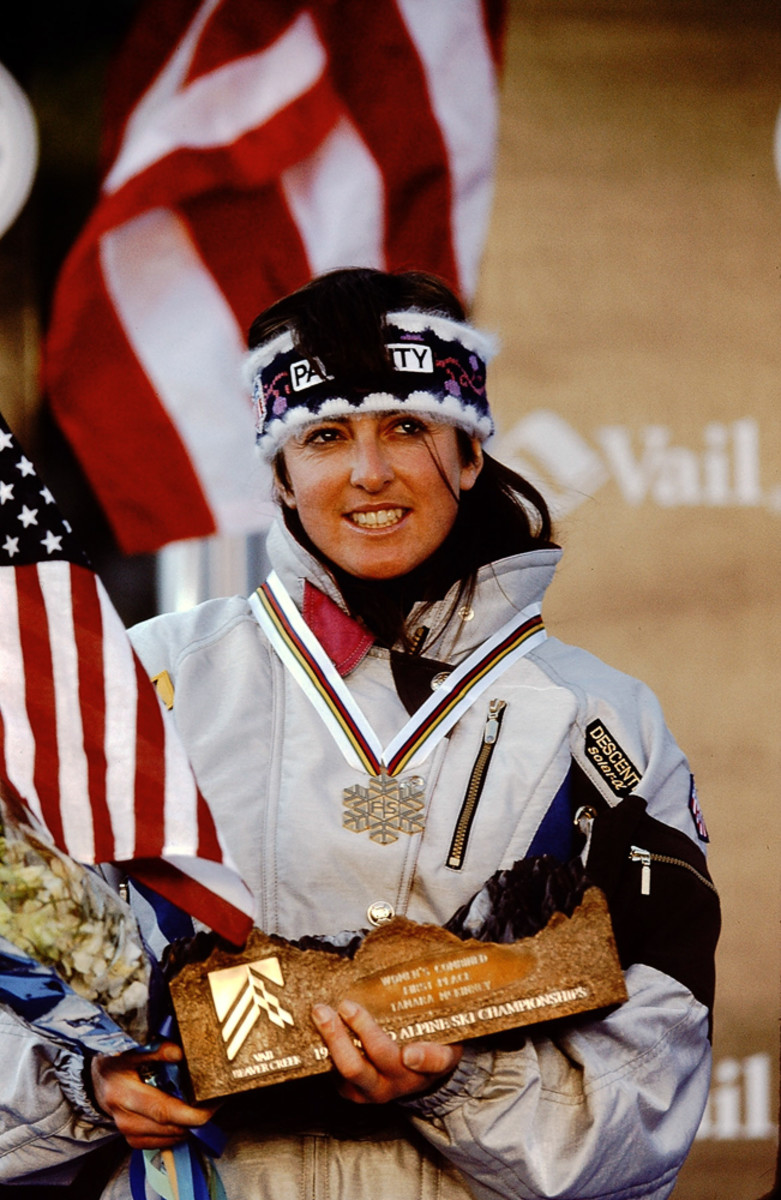 Tamara McKinney celebrating a victory for Women’s Combined First Place at the 1989 Alpine Ski Championships in Vail, Colorado. PHOTO: Lori Adamski Peek