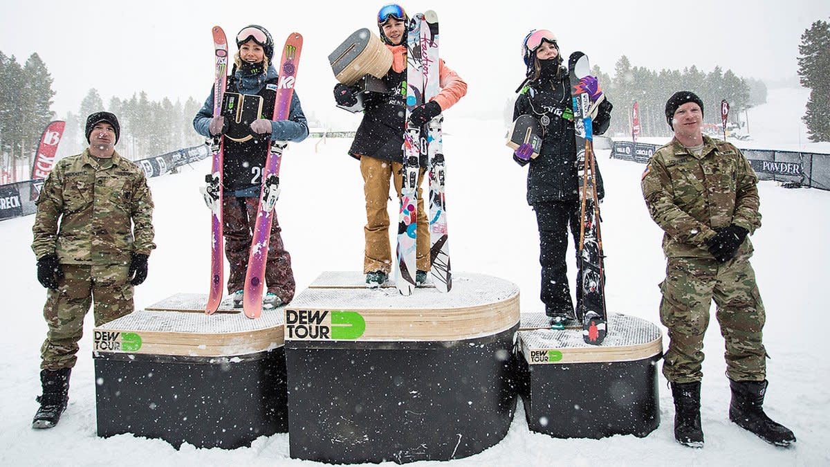 Kelly Sildaru, Maggie Voisin, and Kaya Turski celebrate their Dew Tour victories.