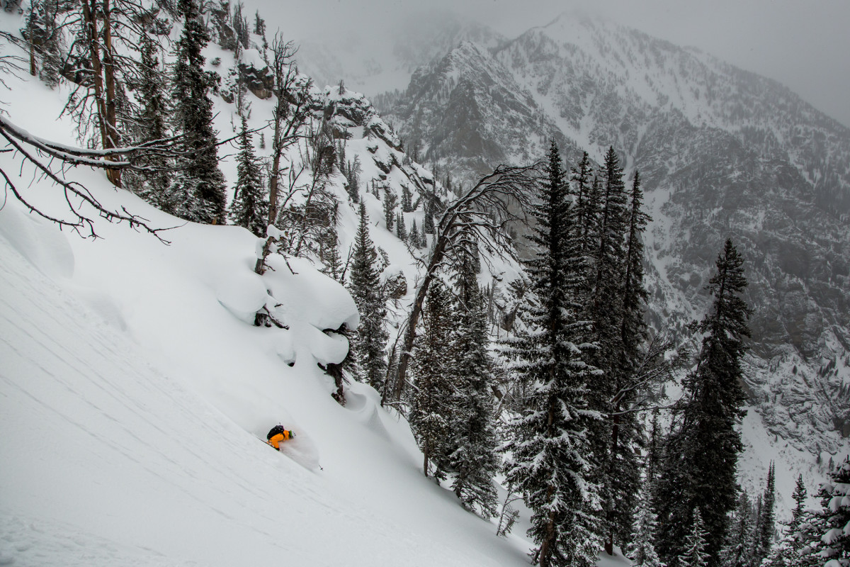 For all the attention given to technical routes, the classic powder run will always rule the day in the Tetons. Dan Corn Rides the wave in the southern part of the range. PHOTO: Mark Fisher