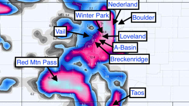 Total snowfall in Colorado and New Mexico through Wednesday, May 7, 2025.