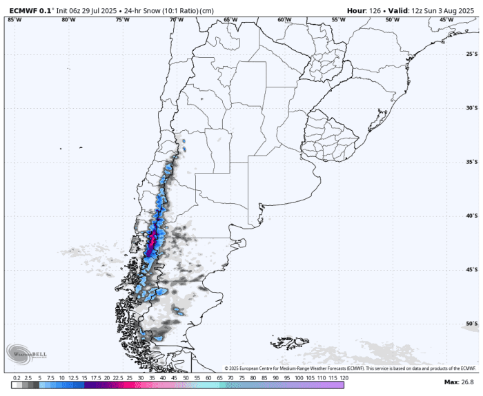 ECMWF snowfall for Sunday, August 3, 2025.