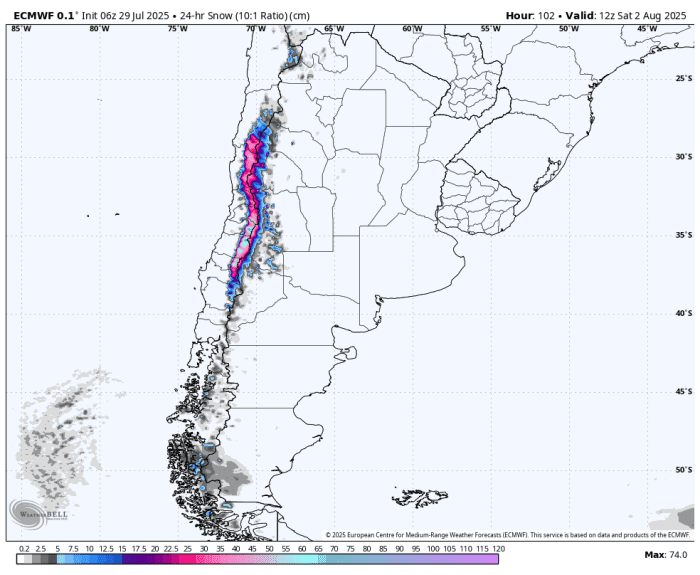 ECMWF snowfall for Saturday, August 2, 2025.