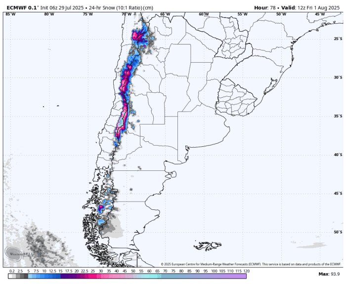ECMWF snowfall for Friday, August 1, 2025.