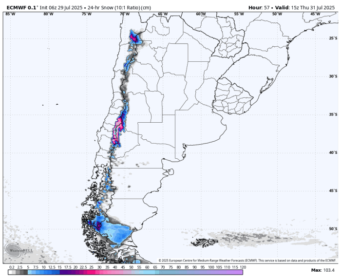 ECMWF snowfall for Thursday.