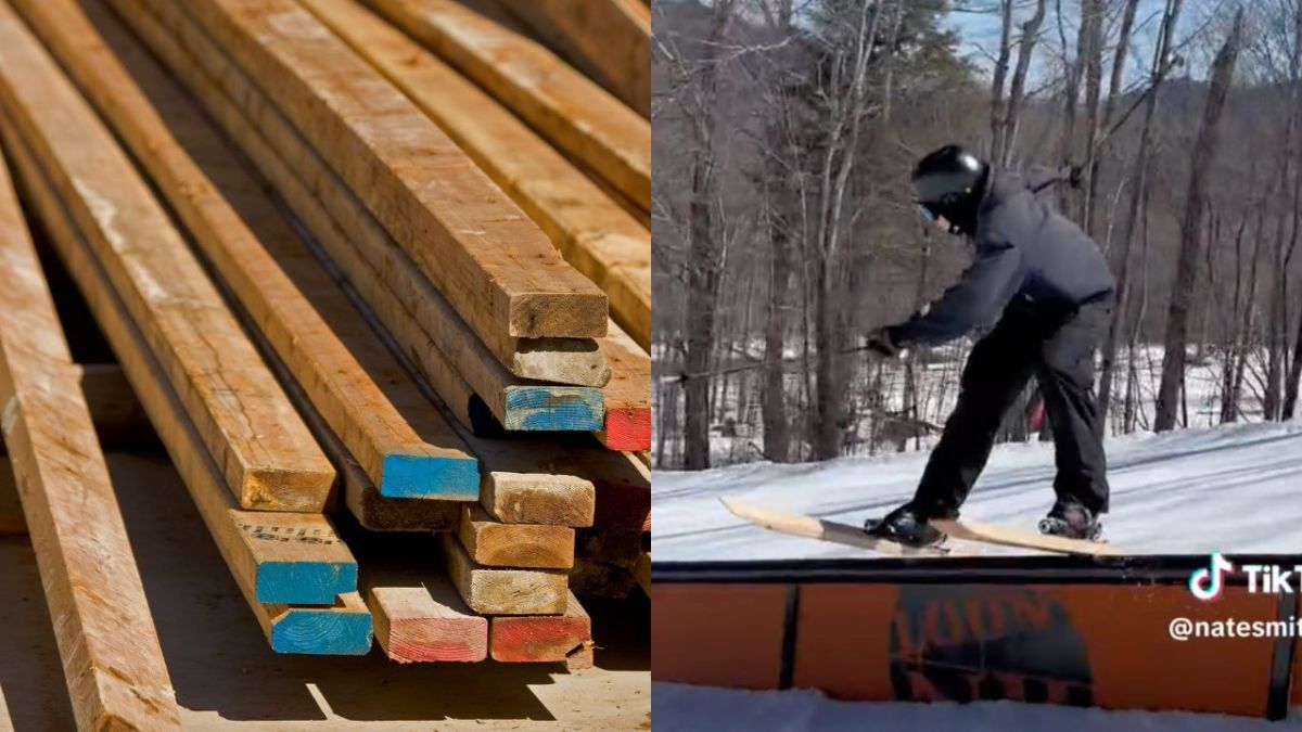 WATCH Skier Takes Park Laps On Homemade 2x4 Skis With Metal Edges