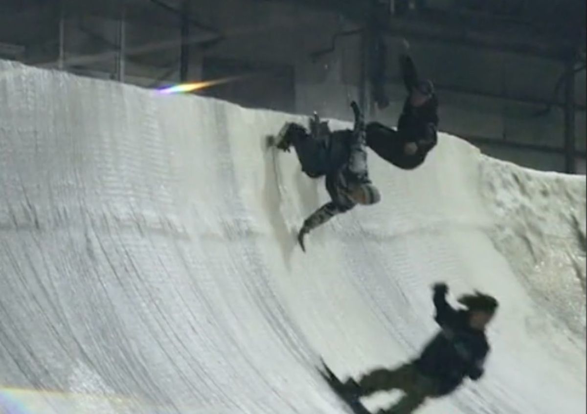 Look Professional Snowboarder Rides Indoor Halfpipe At A Top Secret
