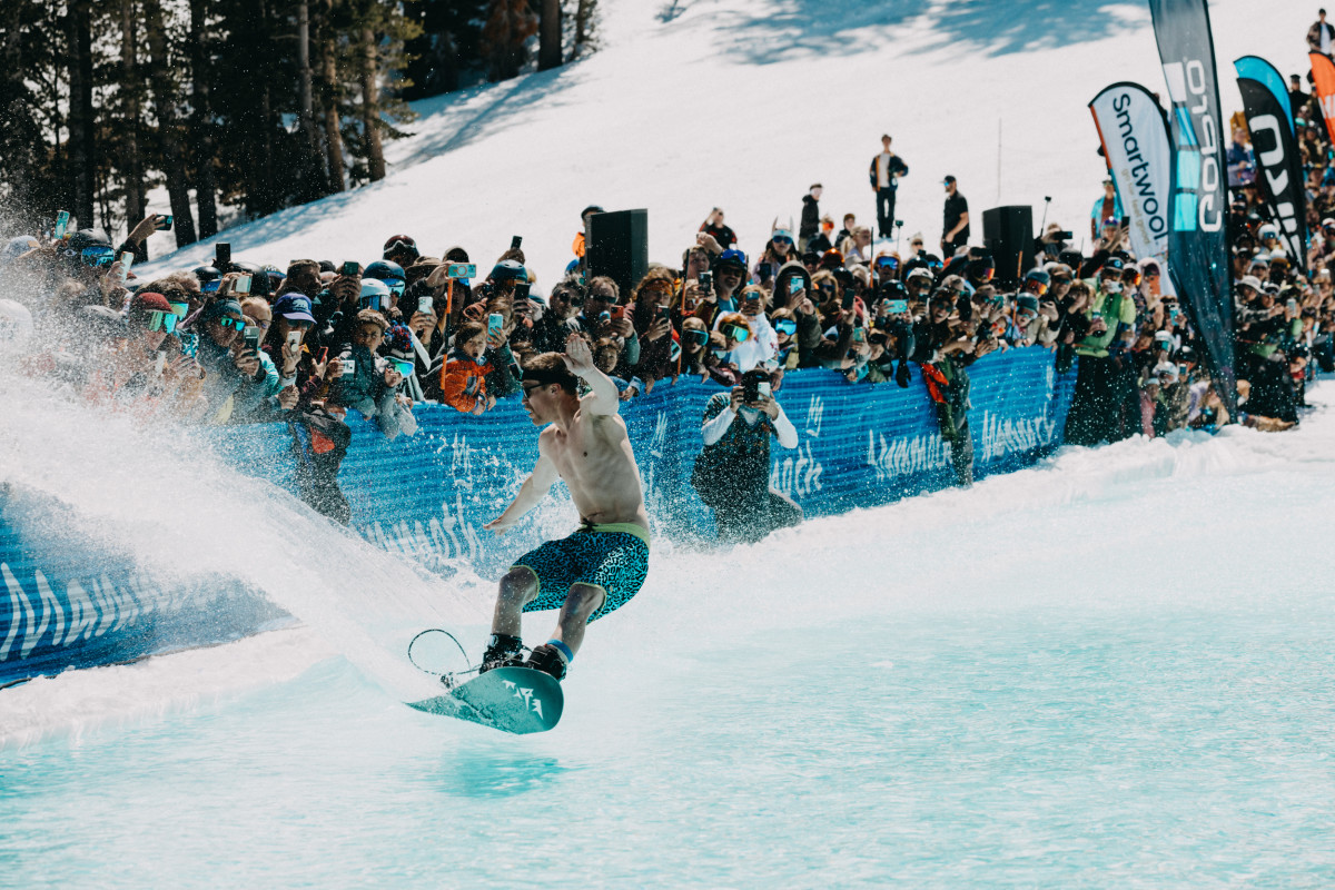 Snowboarder in Mammoth Mountain's Pondskimming event at Mammoth Mountain in California