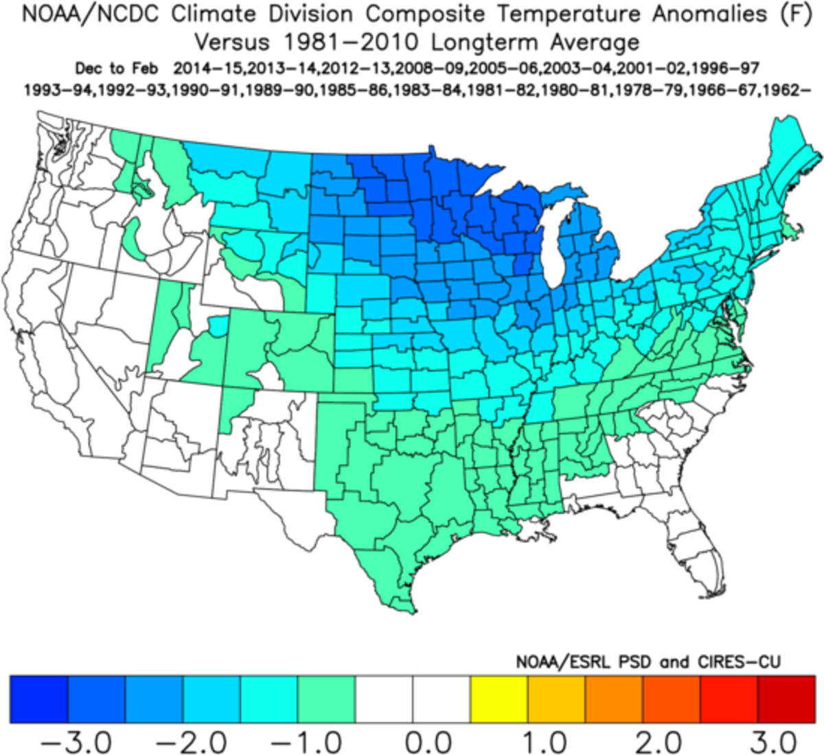 Neutral ENSO/weak La Niña temperature correlations in December, January, and February.
