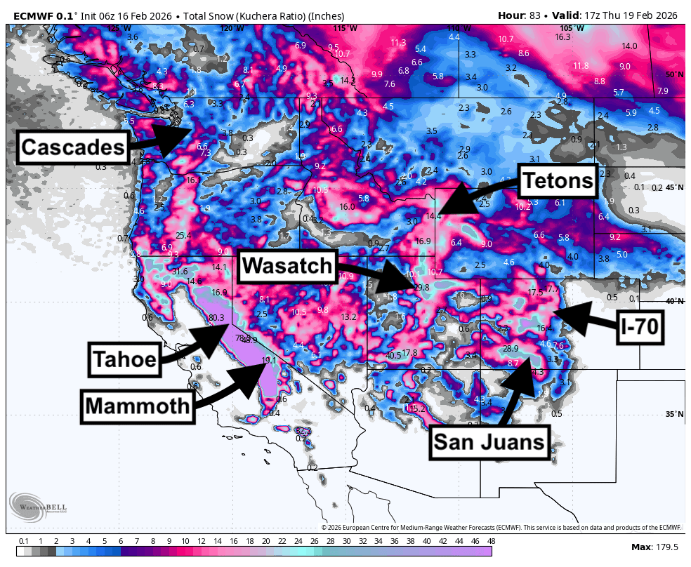 Snow Forecast for Utah and Colorado, Feb 16-19, 2026 - Powder
