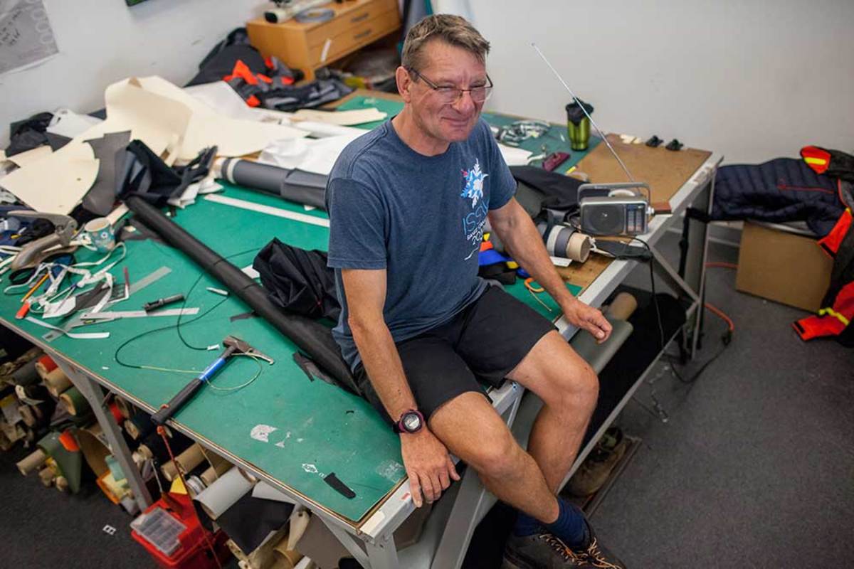 Mike Blenkarn, who has been designing Arc'Teryx products for two decades, at his table in the design headquarters in Vancouver. PHOTO: Jakob Schiller