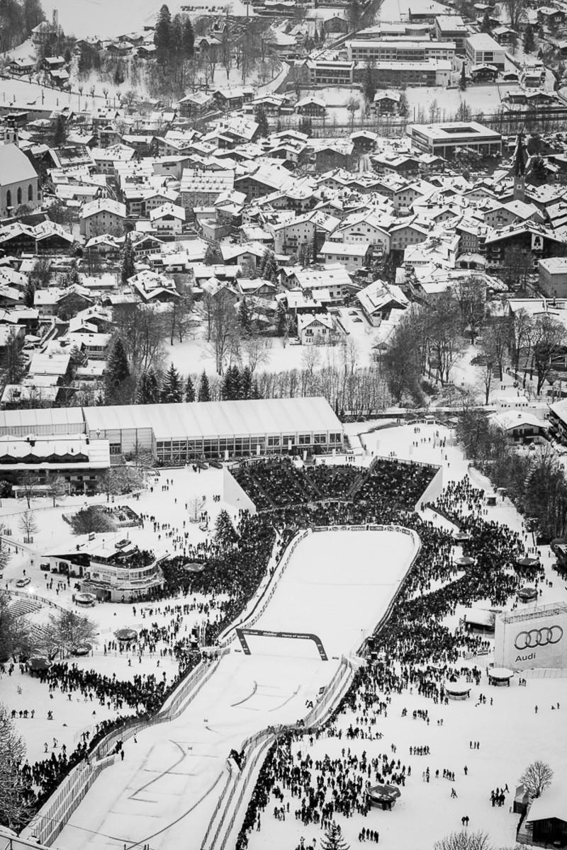 Festive crowds gather at the finish line to witness the carnage and glory. The Hahnenkamm finish line in 2013. PHOTO: David Reddick