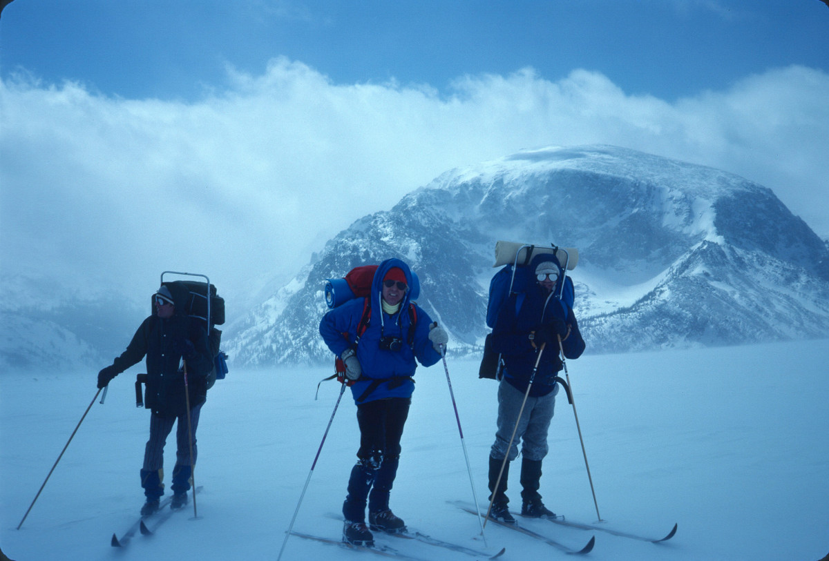 Glenn Porzak, Mike Browning and Ed Ramey during the first winter traverse of Trail Ridge Road in 1968.