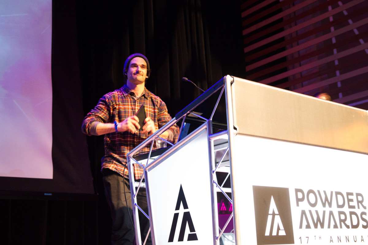 JF Houle accepts the award for Full Throttle at the 17th Annual Powder Awards. PHOTO: David Reddick
