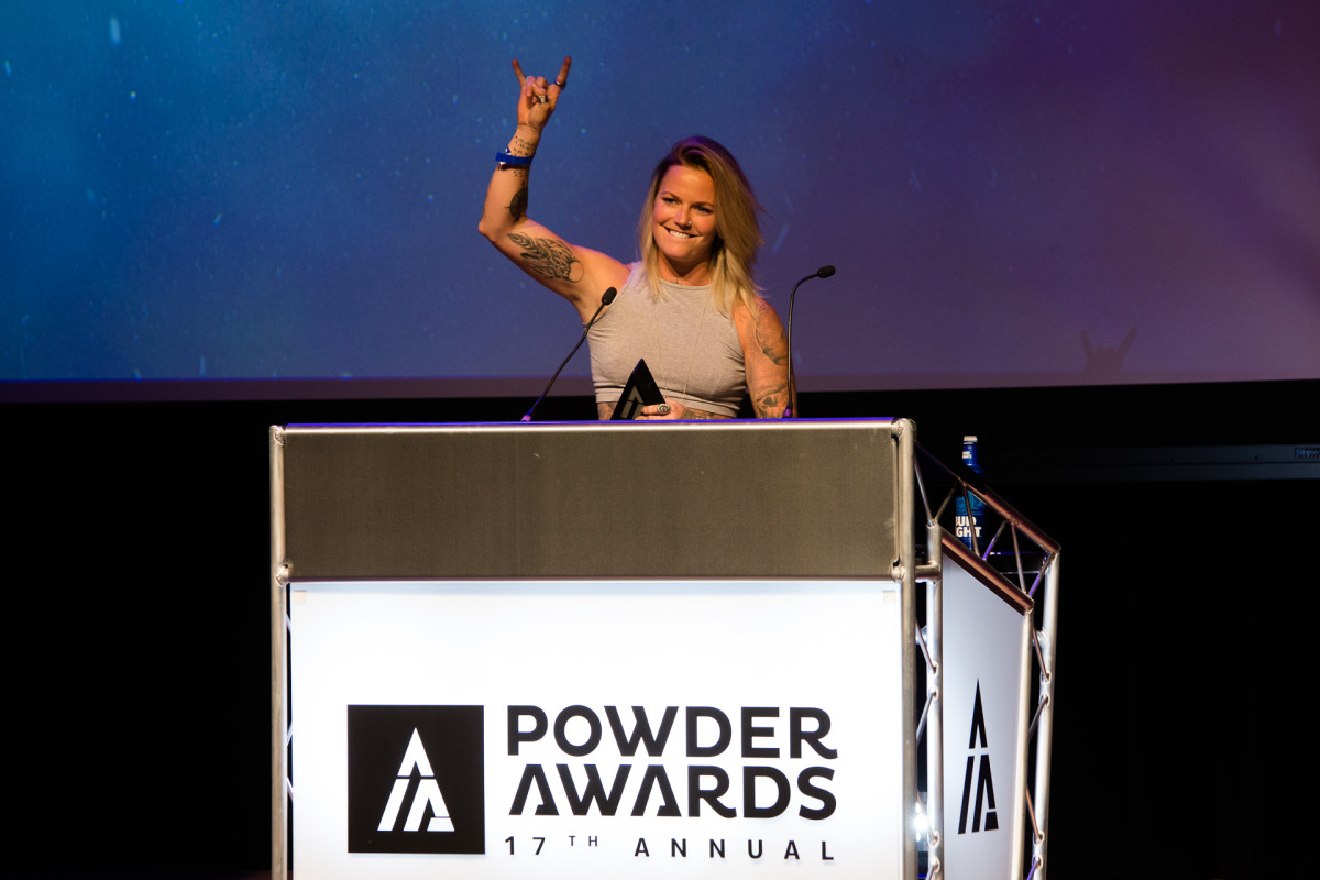 Kalen Thorien, an athlete in the film, accepts the award for Best Documentary on behalf of Switchback Entertainment. PHOTO: Liam Doran