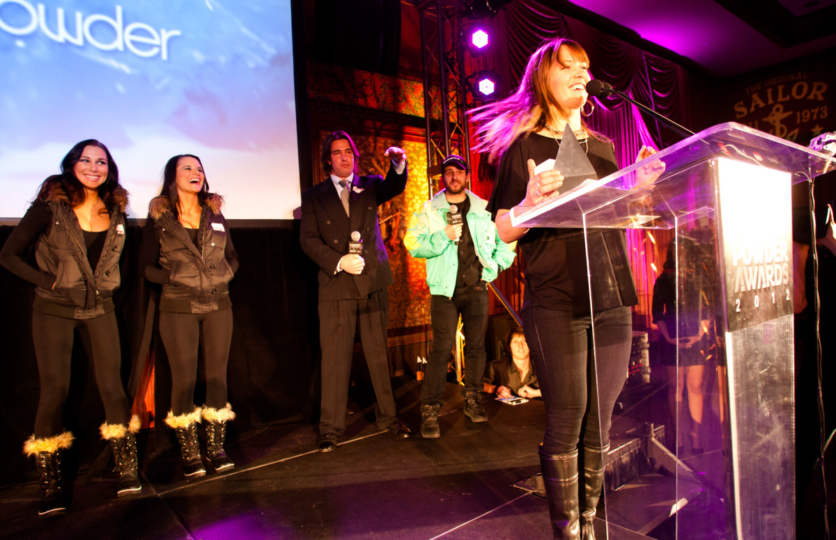 Ingrid Backstrom accepts her award for "Best Female Performance" at the 2012 Powder Awards. PHOTO: David Reddick