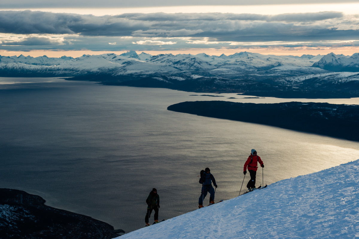 The author, Johan Jonsson, and Micke Af Ekenstam make the short walk from Narvikfjellet Ski Area to "Mørkholla"—the Dark Hole.